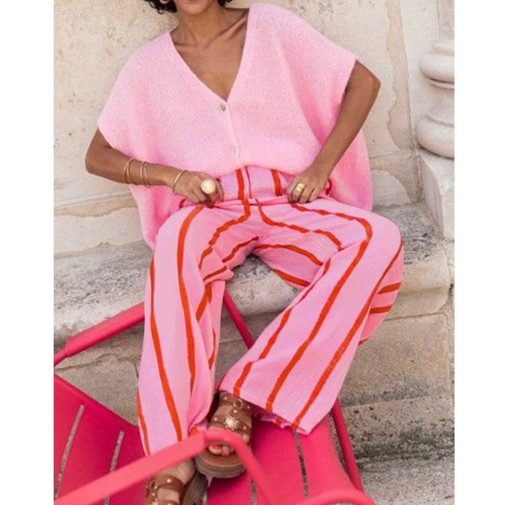 Pink Wide Trousers with Red Stripes Elastic Waist Flowy and Light